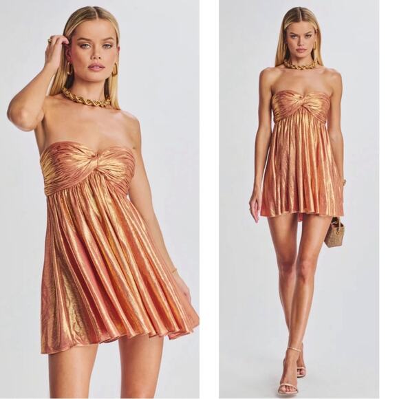 Retrofete Kaiser Strapless Ruched Pleated Metallic Apricot Mini Dress Sz XL - Picture 1 of 10